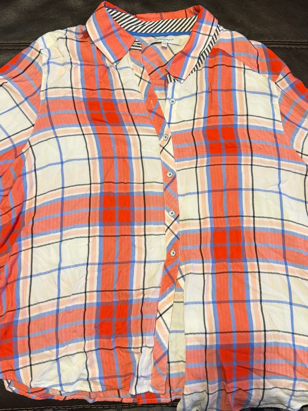 Foxcroft Coral and White Plaid Button-Front Blouse